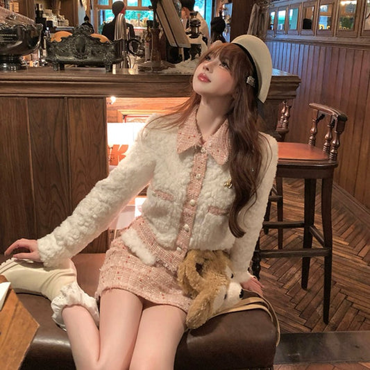 Lazy Girl Winter Elegant Lady Chic Plush White Jacket & Pink Tweed Skirt Two Piece Set