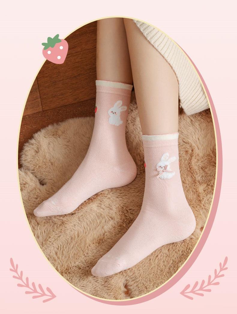 Pink Strawberry Rabbit Cute Cotton Socks 6 Patterns Pairs Sets