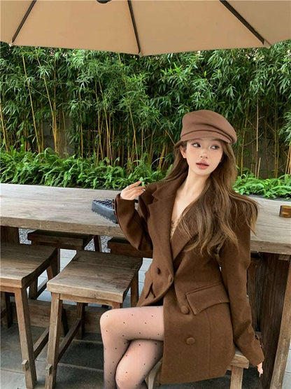 Autumn Winter Brown Black Woolen Waisted Blazer Coat