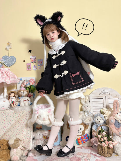 Lace Sailor Collar Lolita Black & Pink Winter Big Bow Woolen Coat Jacket