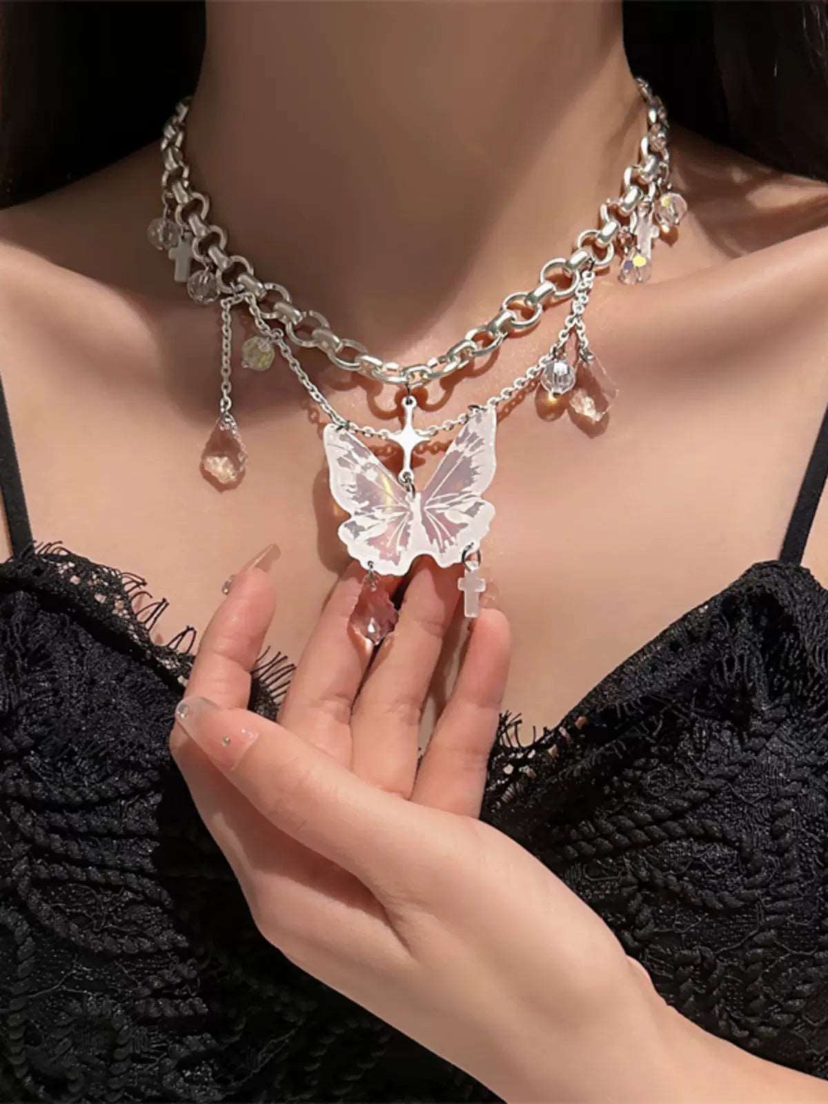 Butterfly Cross White Crystal Star Multi Layer White Angel Necklace