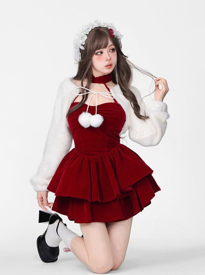 Young Eyes Winter Elf Princess Red Velvet Halter Neck Dress & Little White Jacket Two Piece Set