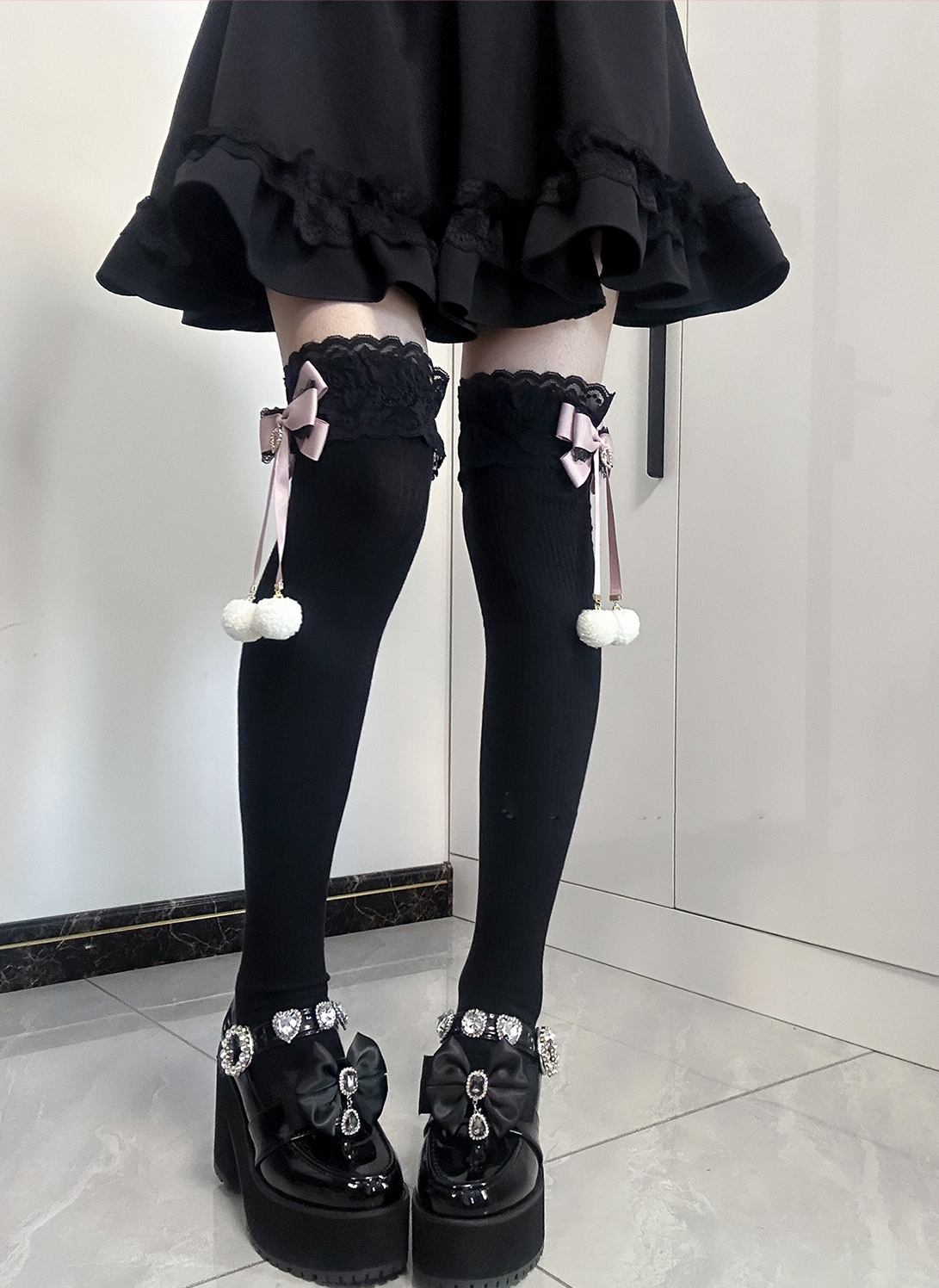 Jirai Kei Princess Black White Pink Blue Lace Over the Knee & Calf Socks