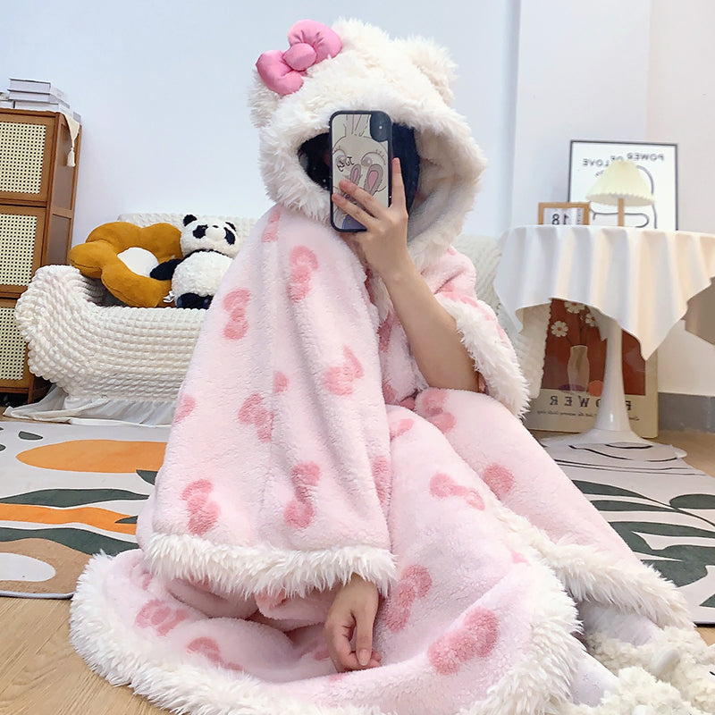 Kawaii Kitty Bow White Pink Winter Pajamas Hooded Bathrobe & Pants Two Piece