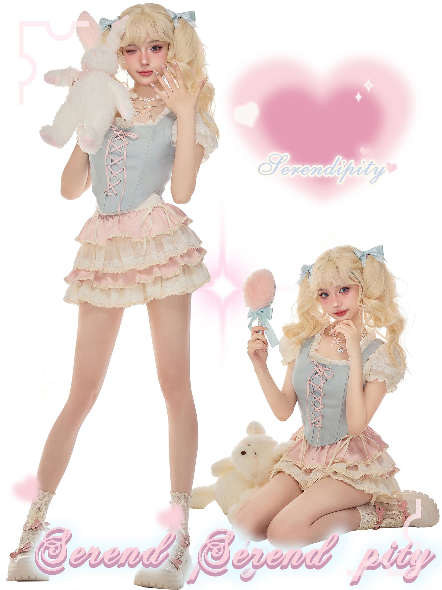 Serendipity Coquette Balletcore Ribbon White Lace Puff Sleeve Shirt & Blue Vest & Pink Mini Short Skirt Three Piece Set