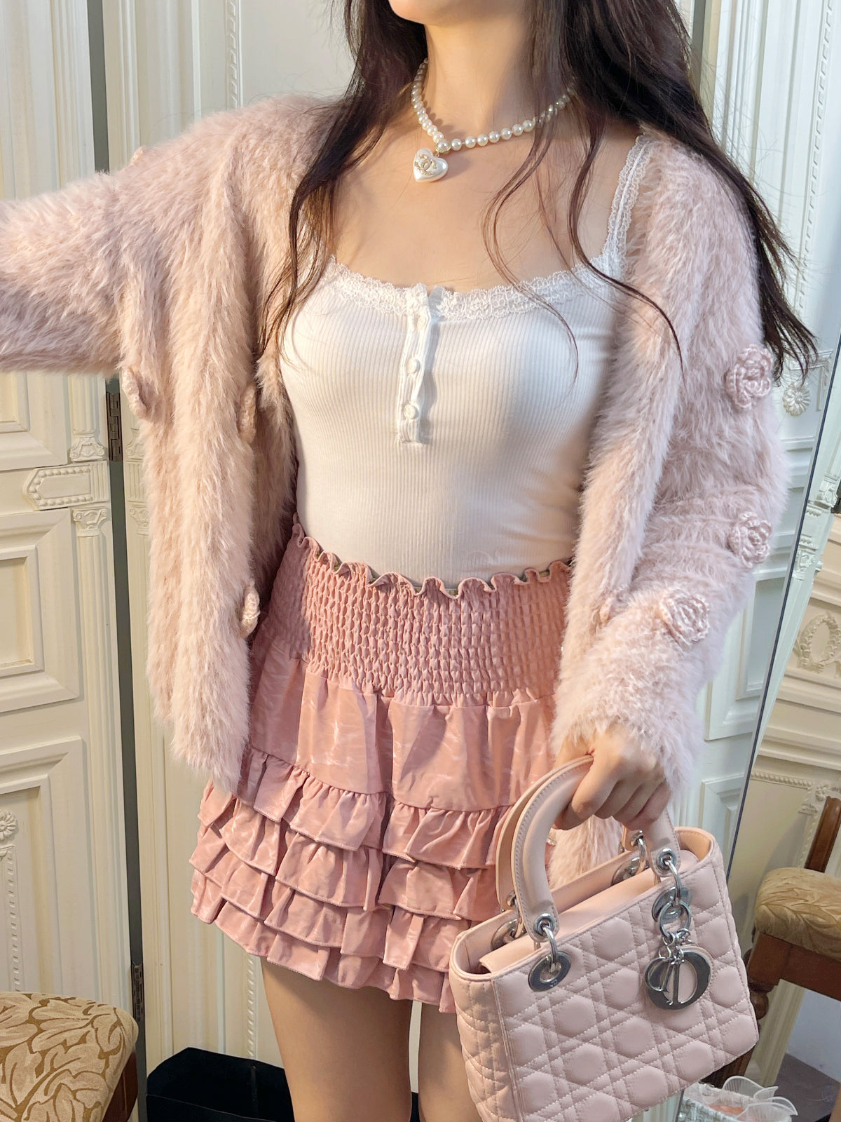 Ruellia Coquette White Camisole & Pink Ruffled Mini Skirt & Rose Faux Mink Fur Cardigan Three Piece Set