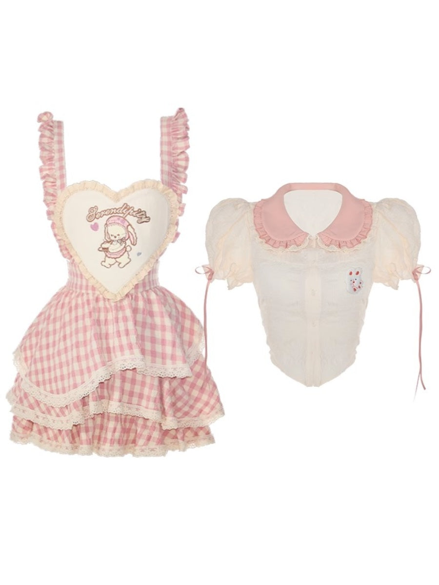 Serendipity Souffle Summer Gingham Pink Shirt BlouseTop & Suspender Dress Maid Two Piece Set