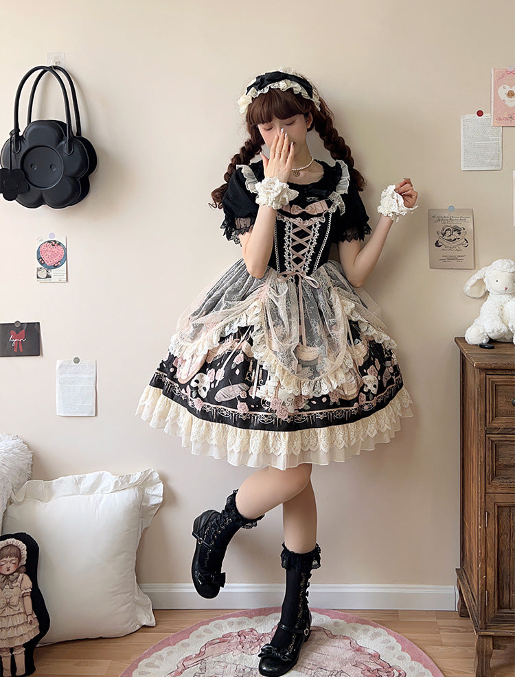 Rose Garden Lace Elegant Original Lolita EGL Pink & Black Strap Dress