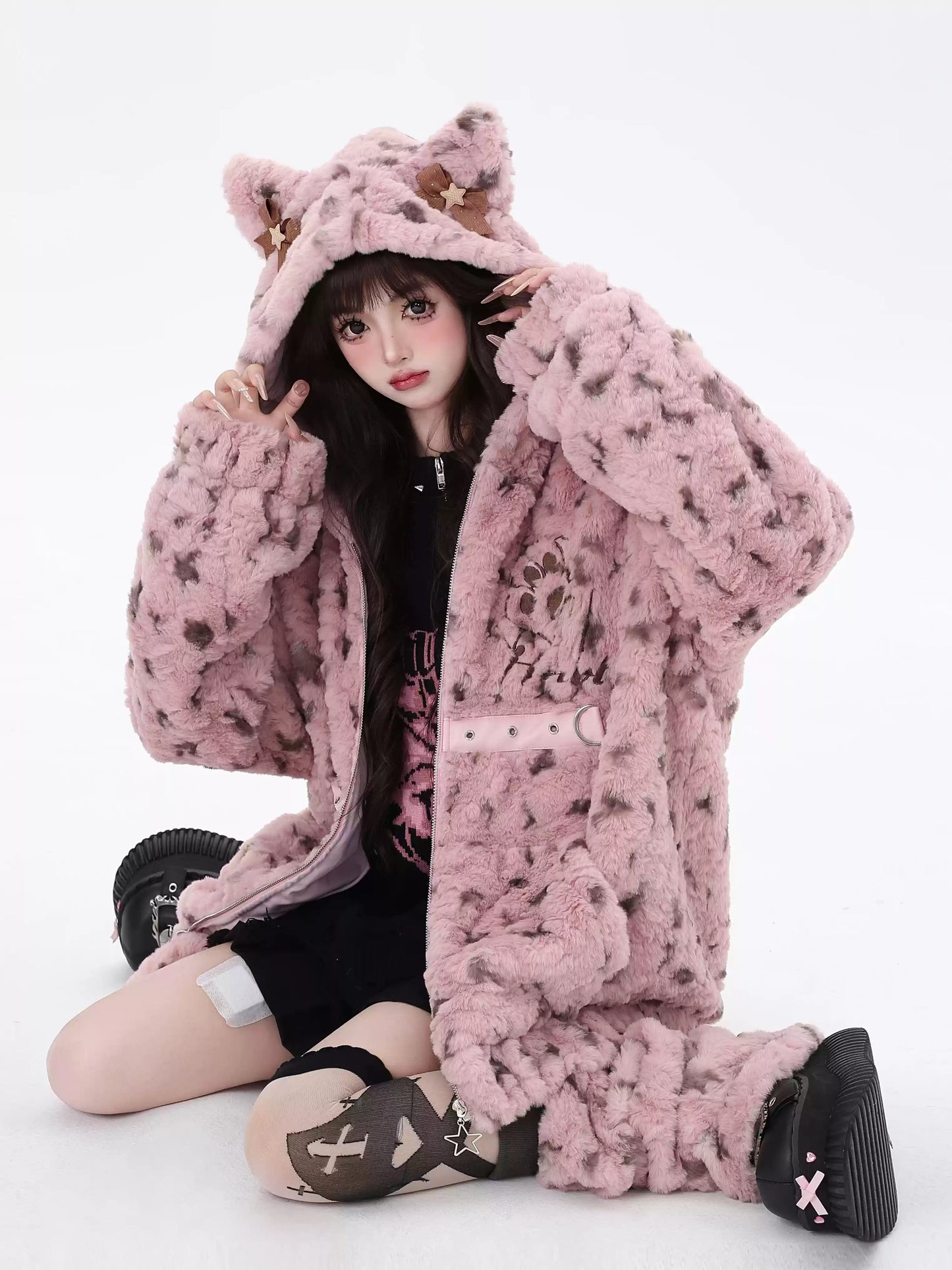 Crazy Girl Leopard Cream Cat Ears Jacket Hoodie & Leg Warmers Set