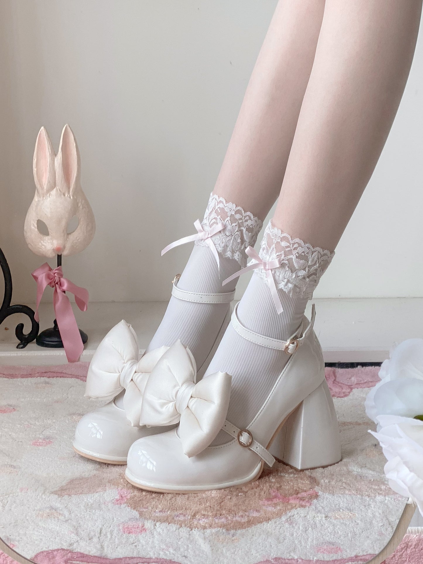 Dreamy White Tea Gradient Blush Lolita Black White Pink Blue High Heels Shoes