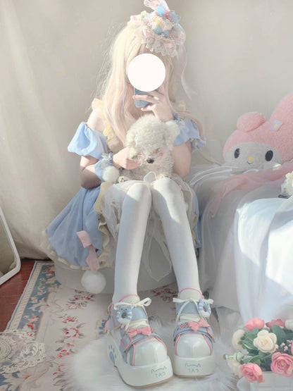 Moeka Chan Blue & Pink Paw Lolita Princess Thick Sole Shoes