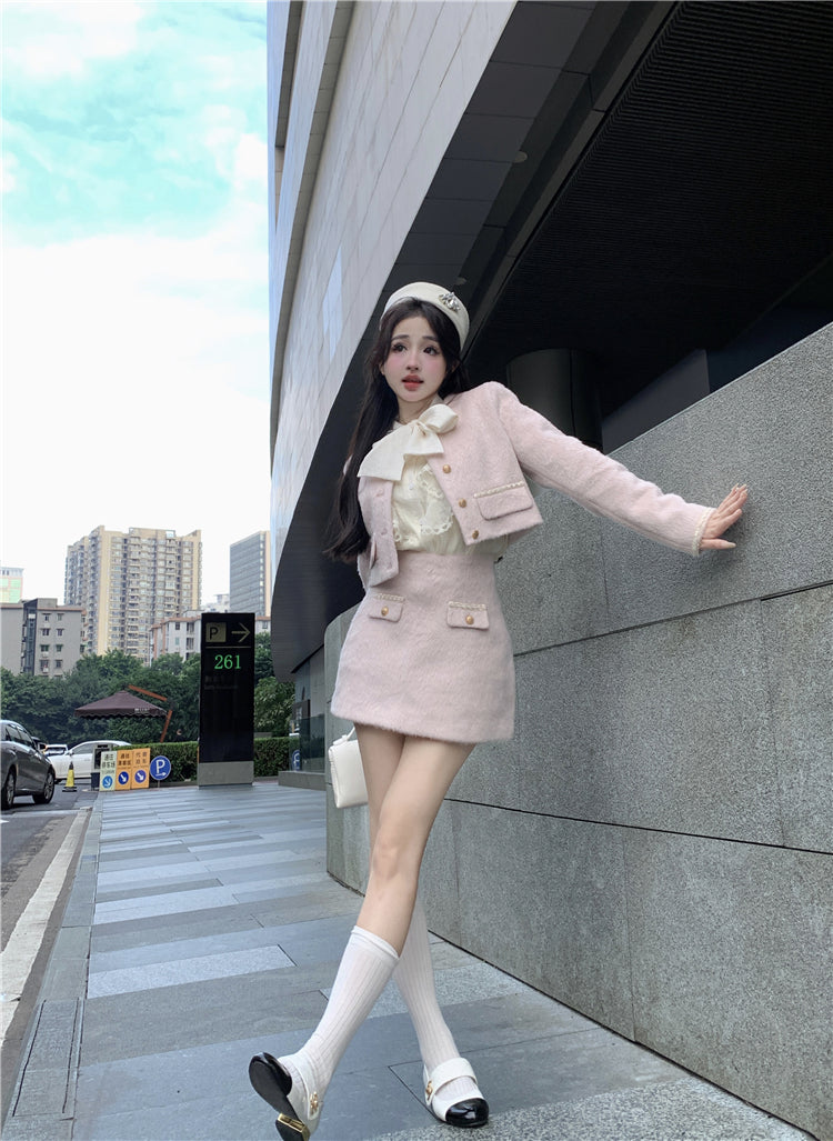 Soft Light Pink Woolen Jacket & Mini Skirt Autumn Two Piece Set