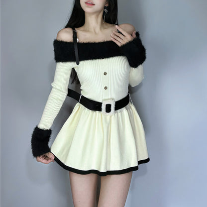 Off Shoulder Autumn Winter Luxury Chic Knit Black White Dress