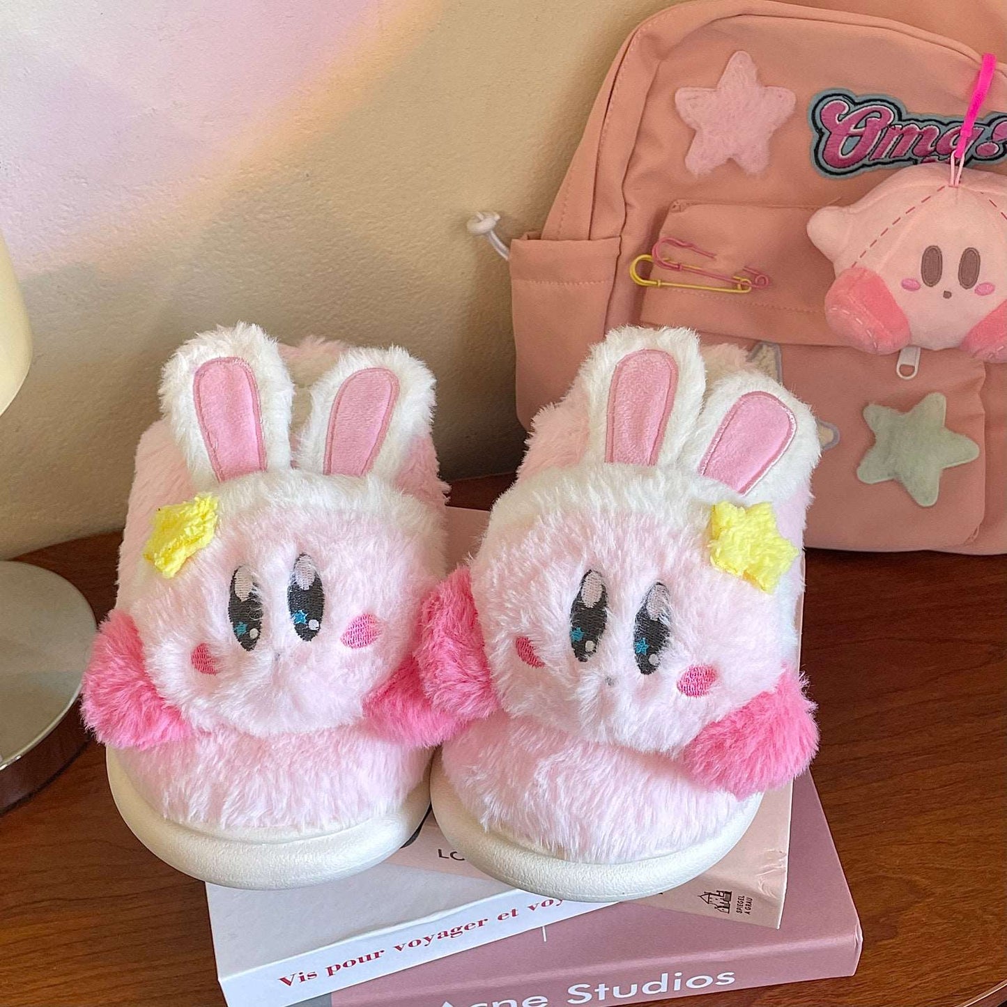 Cartoon Rabbit Ears Stars Pink Plush Fluff Slippers Shoes