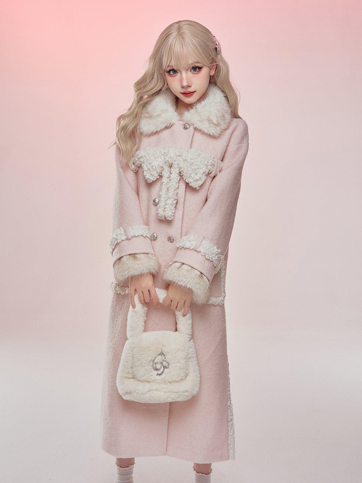 Serendipity Winter Pink Plush Long Woolen Coat & Mini Skirt Two Piece Set