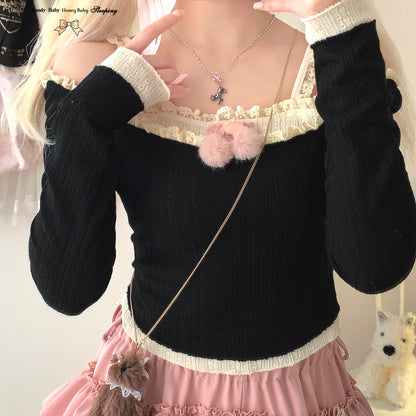 Dormir Doll Pompom Fur Balls Coquette Lace Sweater Cream Black Shirt Top