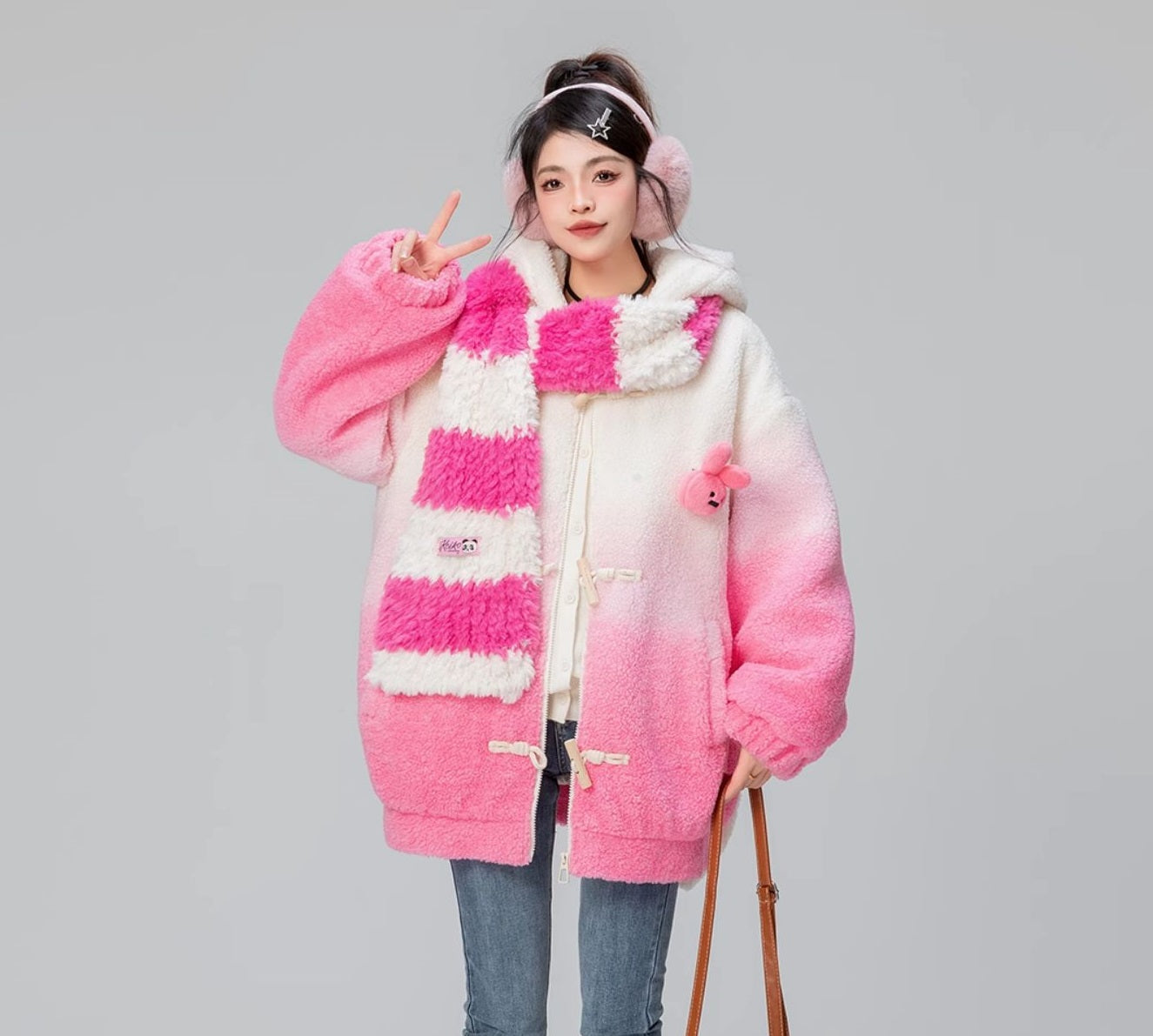 Lamb Gradient Pink White Hooded Jacket Winter Coat