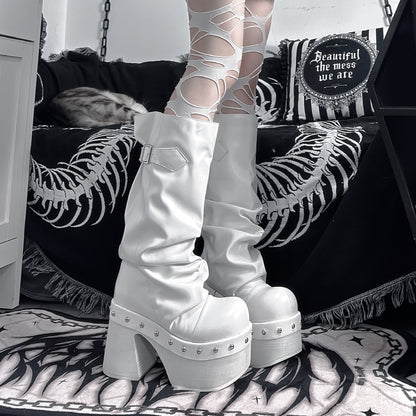 Pocket Cat Gothic Goth Girl Honeysuckle Black & White Chunky Knee High Boots