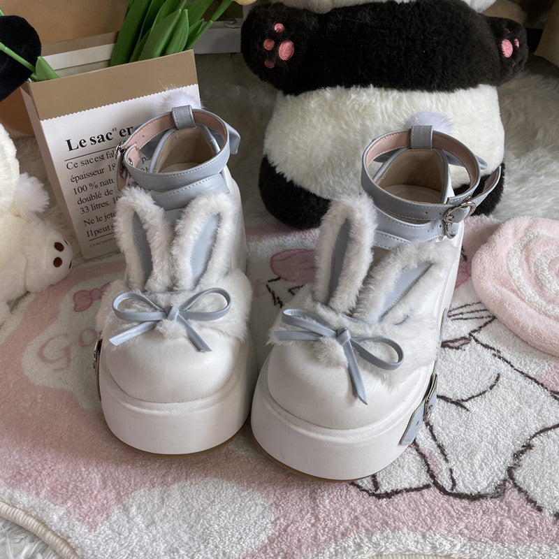 Falling Flower Dream EGL Cute Fur Plush Rabbit Ears Buckle Black White Pink Blue Purple Platform Shoes