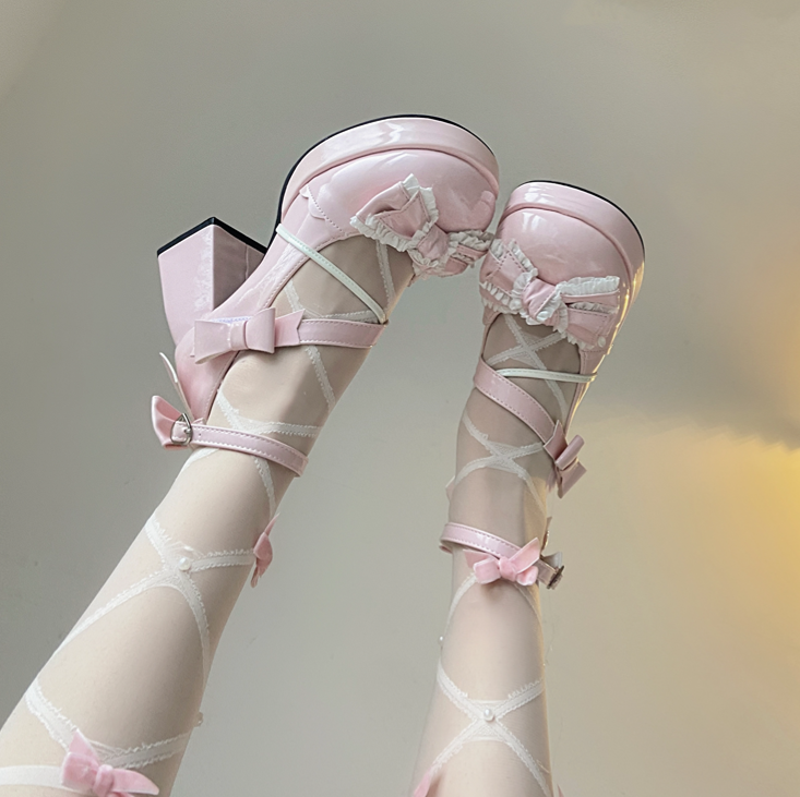 Walpurgis Night Lolita Girl Heart Knot Black White Pink Blue High Heels Shoes