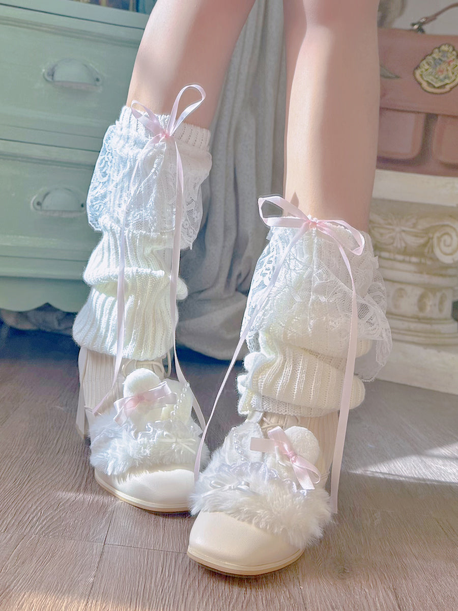 Pinky Rabbit Ears Plush Pearl Knit Coquette Winter Heels Boots Shoes & Lace Balletcore Leg Warmers