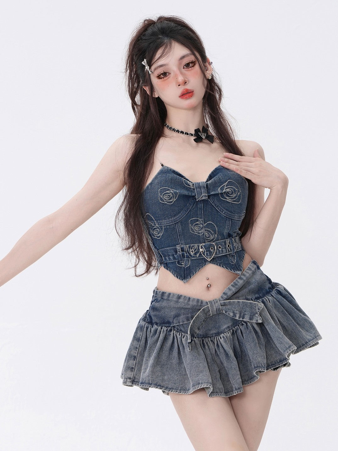 Young Eyes Y2K Sexy Summer Denim Rose Pattern Strap Top & Mini Short Skirt Two Piece Set