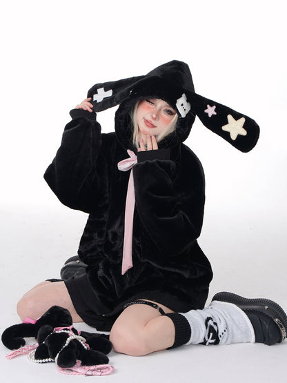 Young Eyes Black Gray Rabbit Ears Plush Autumn Winter Hoodie Jacket