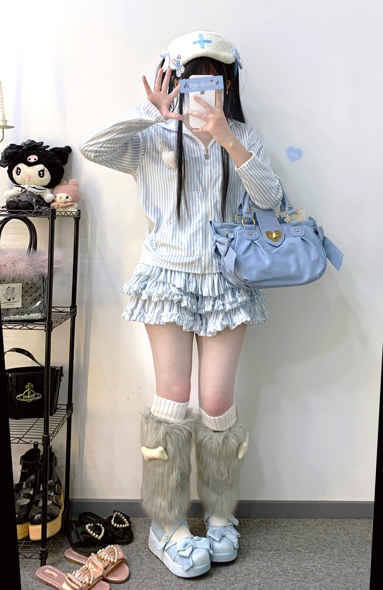 Kitten Bullet Heavenly Hospital Striped Blue Black Rabbit Ears Hoodie Skirt Two Piece Set