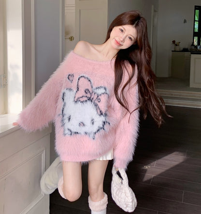 Kitty Cartoon Faux Fluffy Autumn Winter Black Pink Pullover Sweater