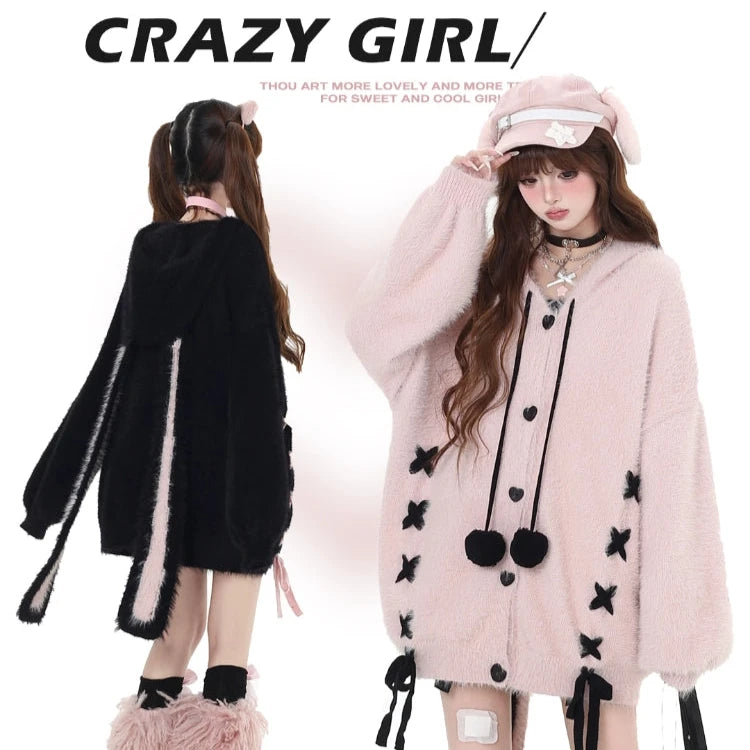 Crazy Girl Misty Winter Messenger Pink Black White Rabbit Ears Hoodie