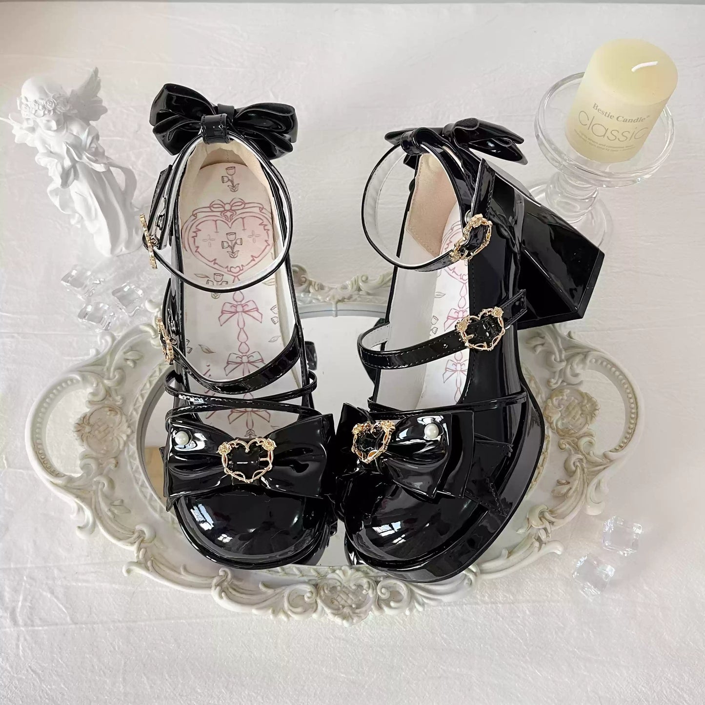 Love Letter Rose Heart Knot Lolita Black White Pink Blue Red High Heels Shoes