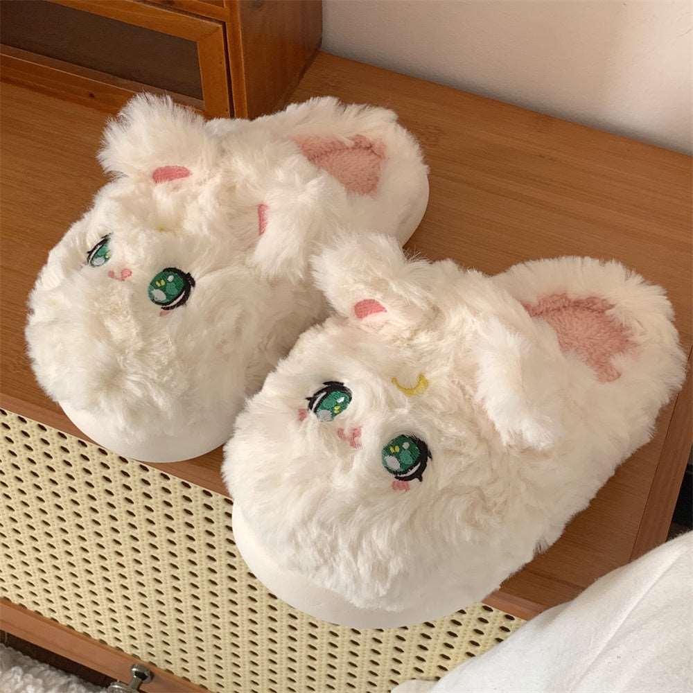 Anime Magical Girl Cute Black White Cat Luna Moon Winter Thick Plush Slippers Shoes