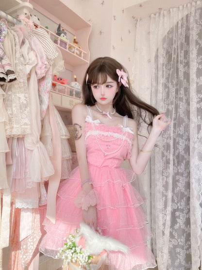 Candy Fairy Coquette Light Pink Party Princess Ruffled Strap Dress