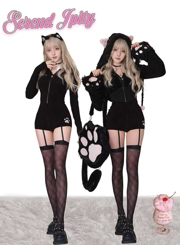 Serendipity Comic Black Cat Jacket & Bodysuit Rompers Two Piece Set