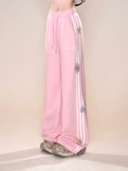 Young Eyes Sweet Flower Gray Pink Elastic Waist Sweatpants