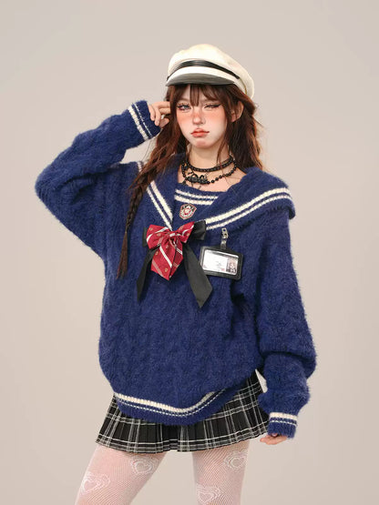 Young Eyes East Meets West Sailor Collar Cream Navy Blue Sweater