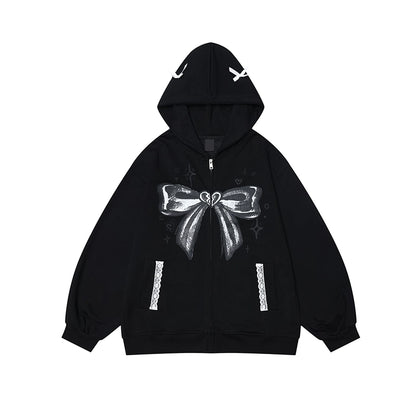 Crazy Girl Bow Street Style Gray Black Jacket Hoodie