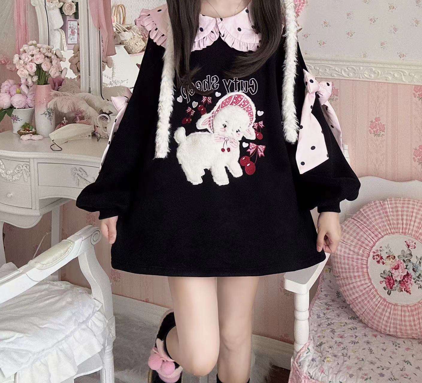 Cherry Sheep Embroidery Black Polka Dot Pink Bow Sweatshirt