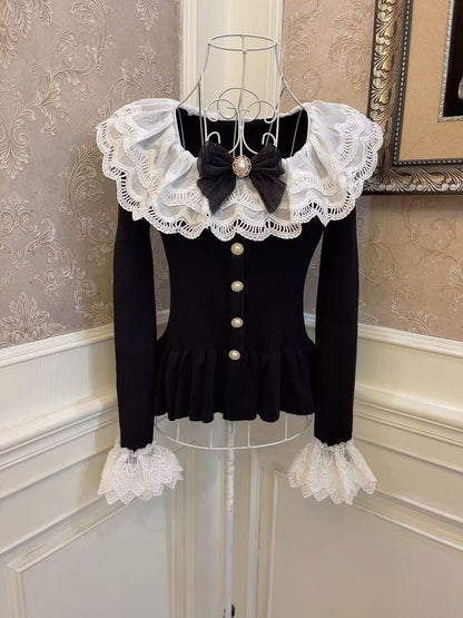 Sweetheart Princess Black White Ruffled Trumpet Sleeve Sweater