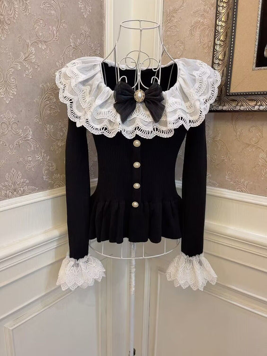 Sweetheart Princess Black White Ruffled Trumpet Sleeve Sweater