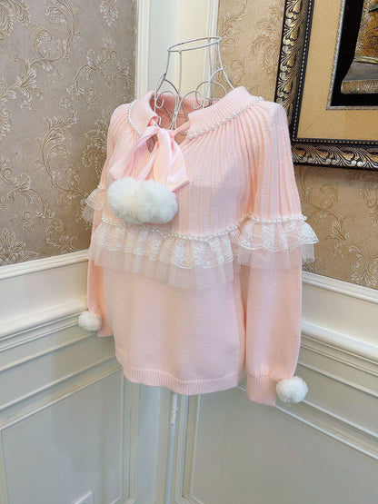 Sweetheart Princess Pearl Lace Furball Pink Knit Loose Sweater