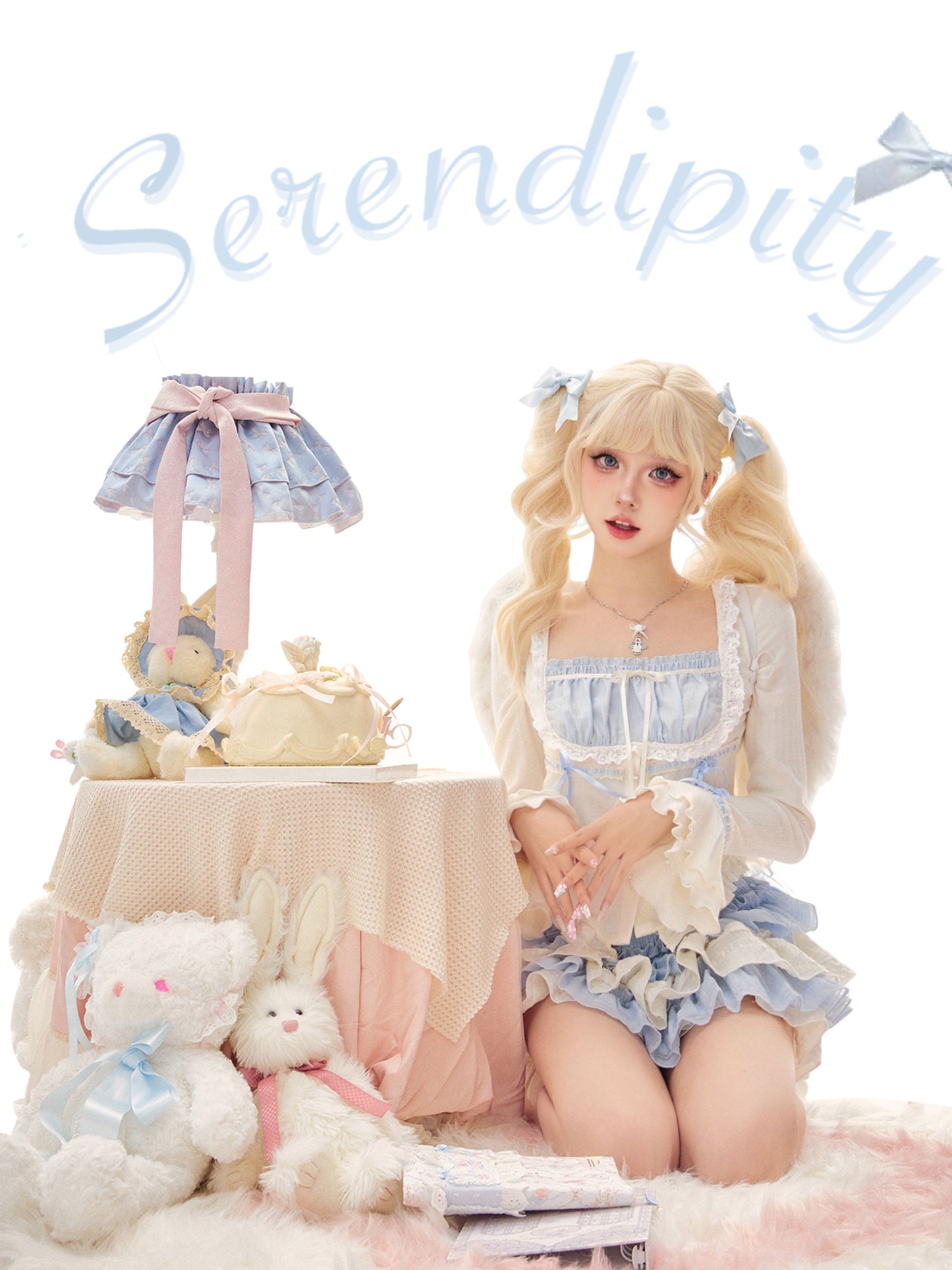 Serendipity Love Hime Lace Blue White Blouse Shirt & Ruffled Cake Skirt Two Piece Set