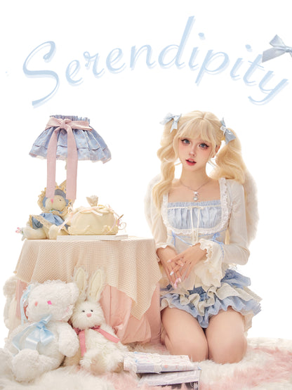 Serendipity Love Hime Lace Blue White Blouse Shirt & Ruffled Cake Skirt Two Piece Set