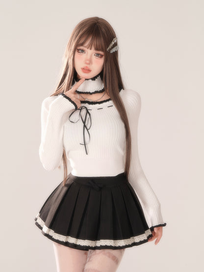 Young Eyes Coquette Bow Lace Collar Gray & White Knit Sweater Top