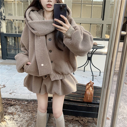 Cute Fall Winter White & Brown Bear Ears Hooded Jacket Skirt Two Piece Set