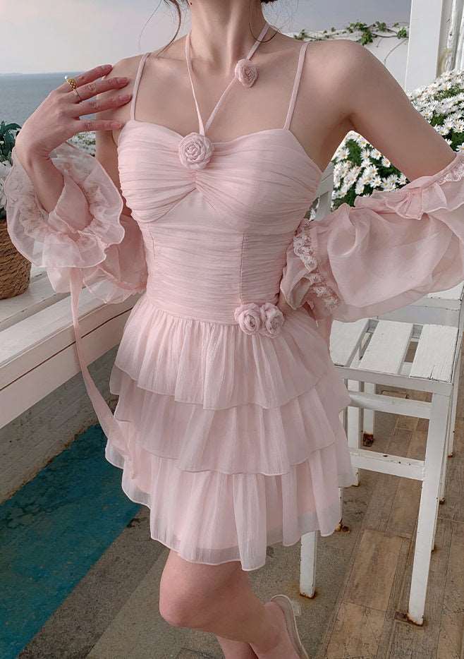 Acacia Fairy Pink Rose Summer Halter Neck Strap Dress