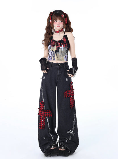 Crazy Girl Street Diary Red Plaid Cross Black Wide Leg Denim Jeans