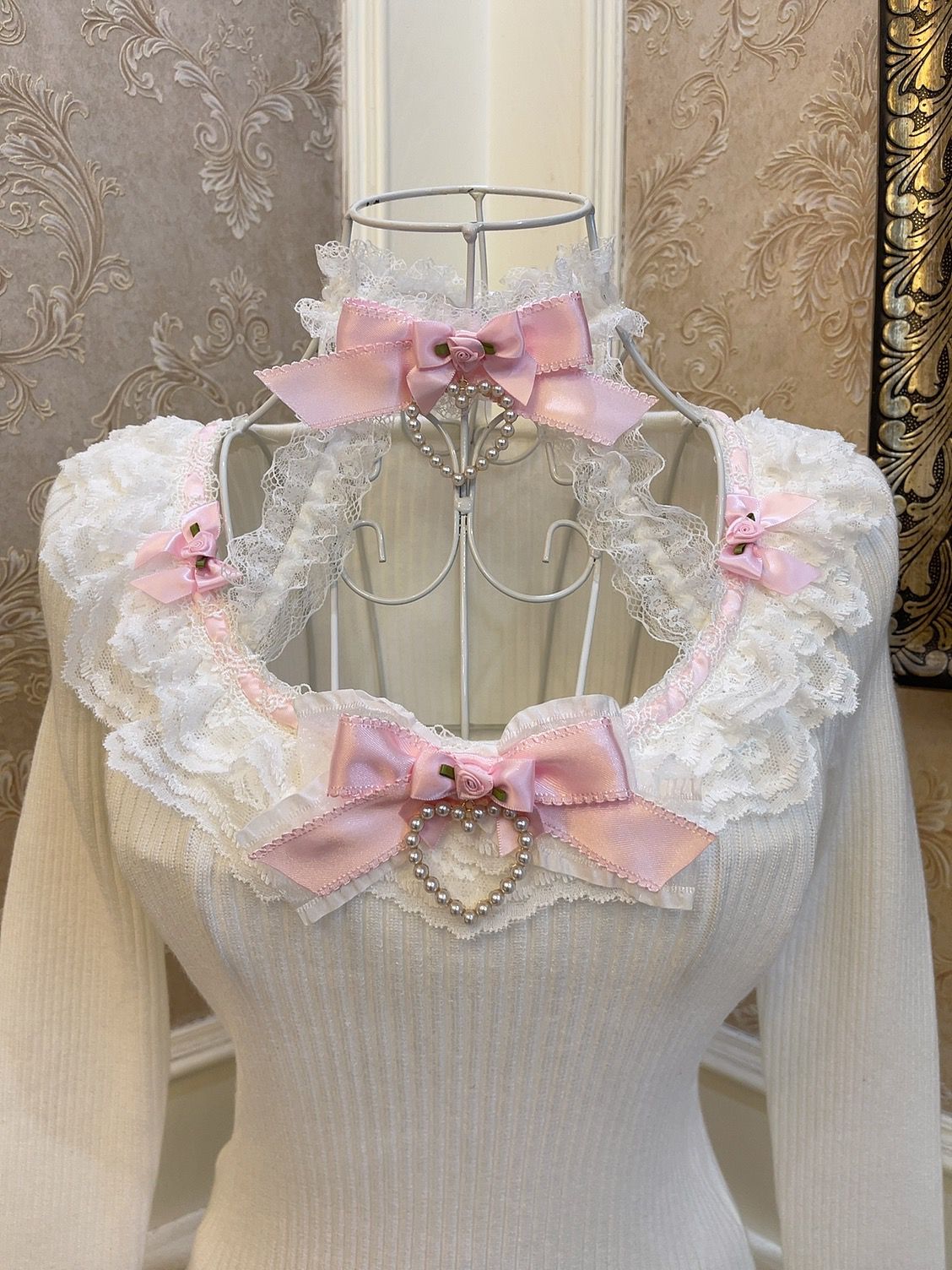 Sweetheart Princess Fantasy Flower White Halter Neck Knit Sweater Top & Pink Skirt Two Piece Set