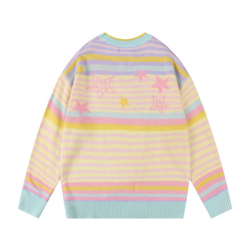 Star Autumn Winter Rainbow Colorful Striped Round Neck Pullover Sweater