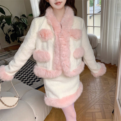 Winter Elegant Lady Pink Fur Edges Cuffs White Jacket & Skirt Two Piece Set